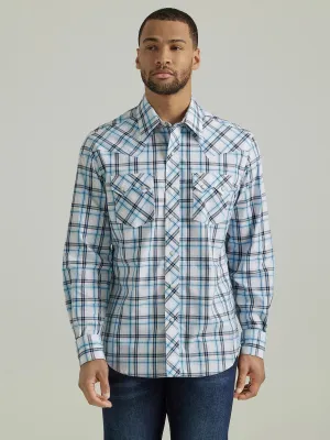 Men's Wrangler Retro Blue/White Plaid Long Sleeve Snap Shirt