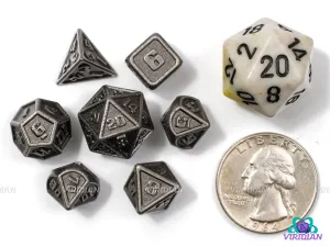 Mini Plated Silver (Distressed) | Tarnished/Aged Gray-Steel and Charcoal | Metal Dice Set (7)