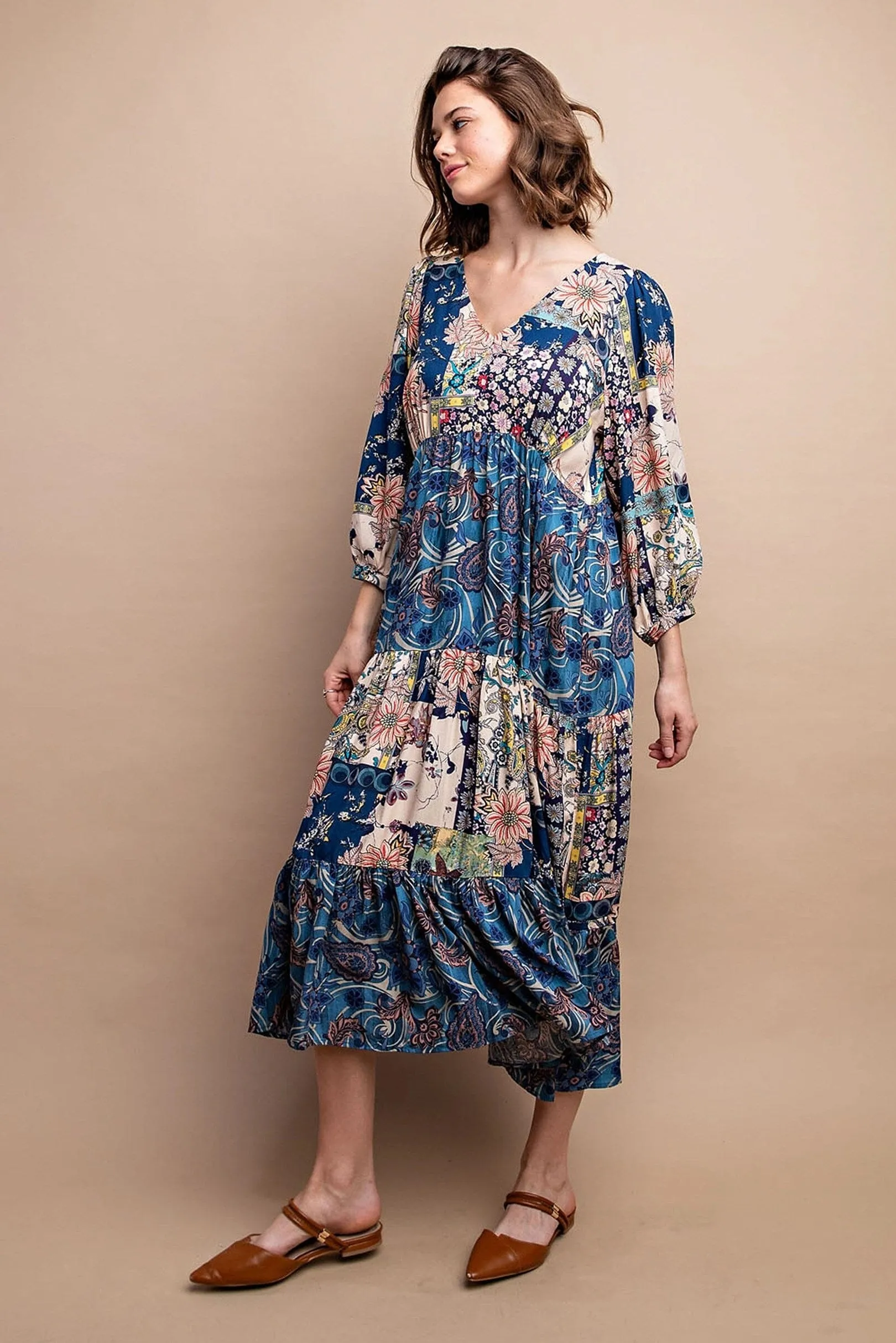 MIXED PAISLEY FLORAL MIDI DRESS