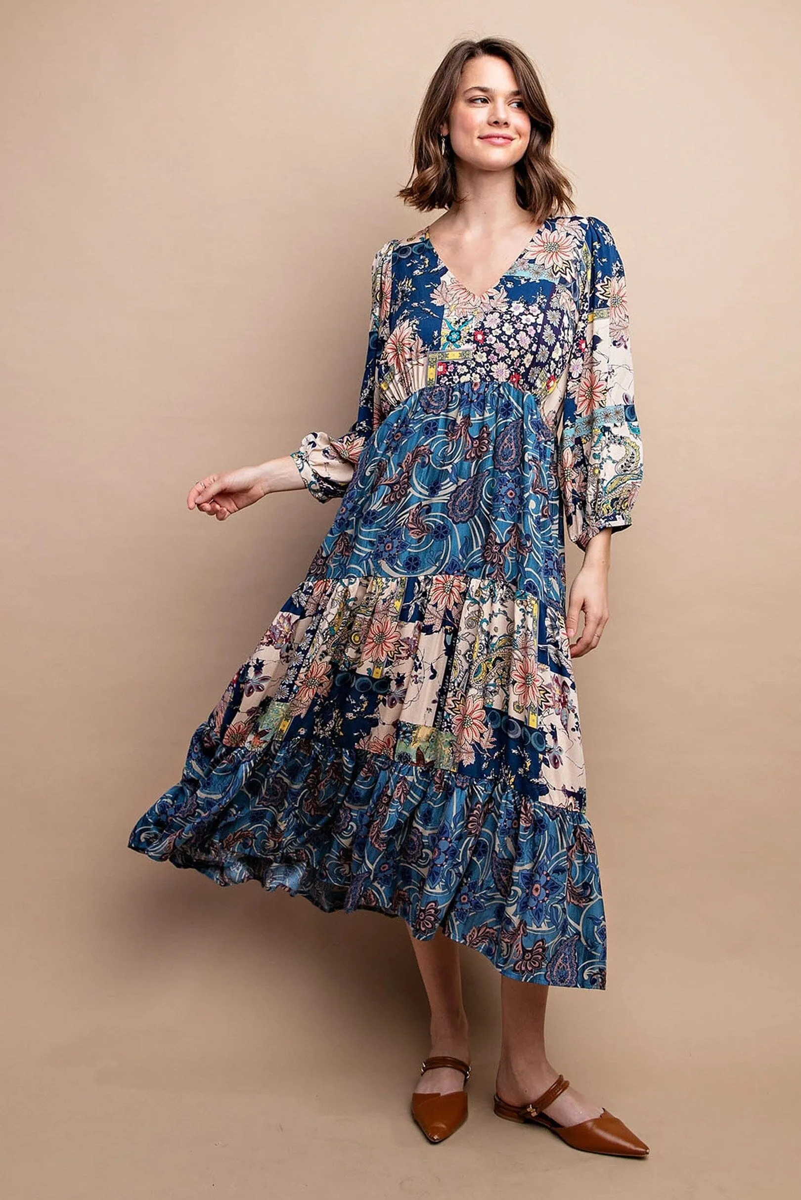 MIXED PAISLEY FLORAL MIDI DRESS