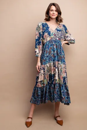 MIXED PAISLEY FLORAL MIDI DRESS