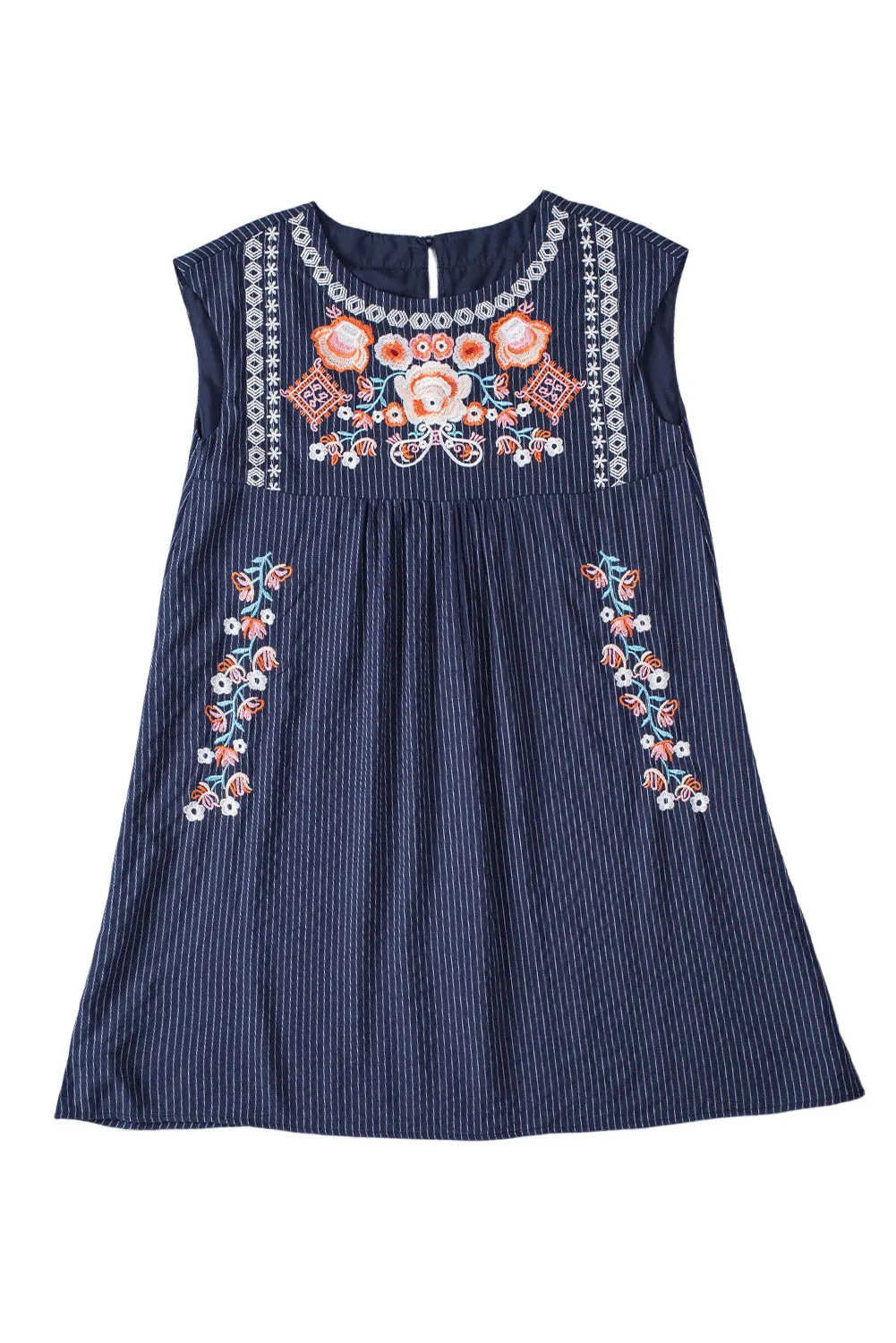 Navy Blue Boho Striped Cap Sleeve Embroidered Short Dress