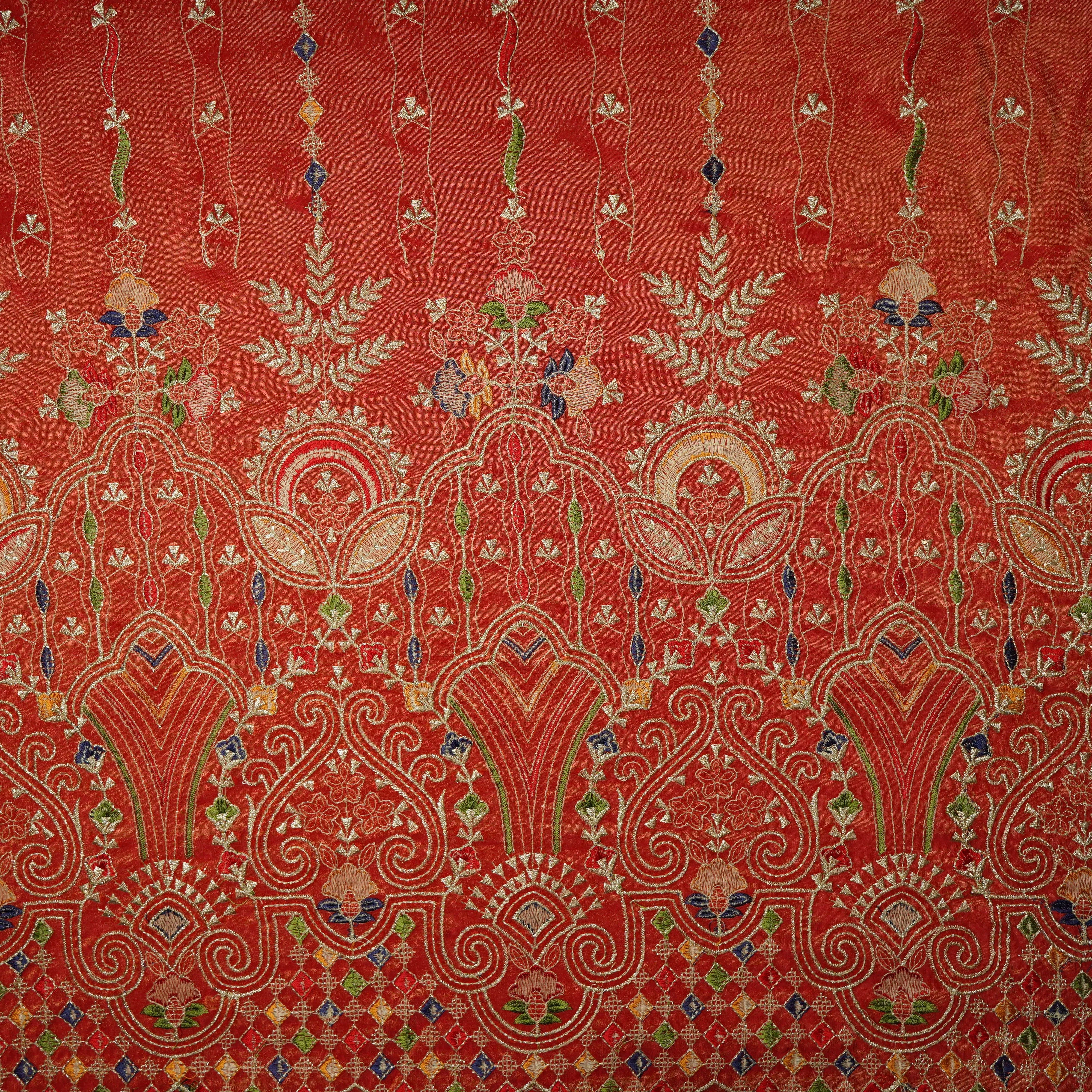 Orange Thread Embroidery Viscose Zari Tissue Fabric 19895