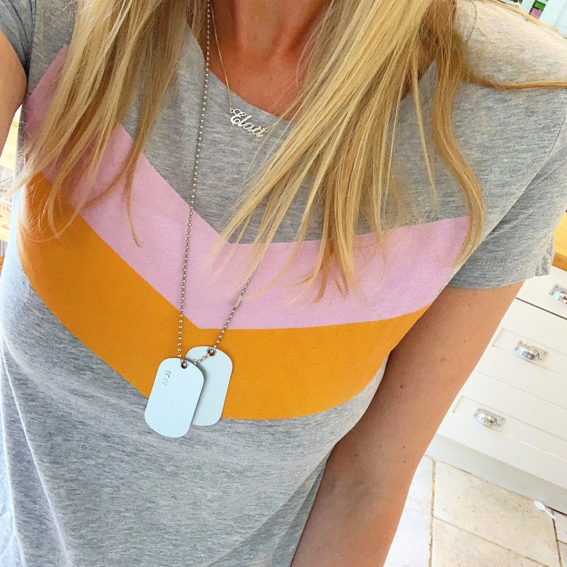 Pink & orange chevron on grey tee