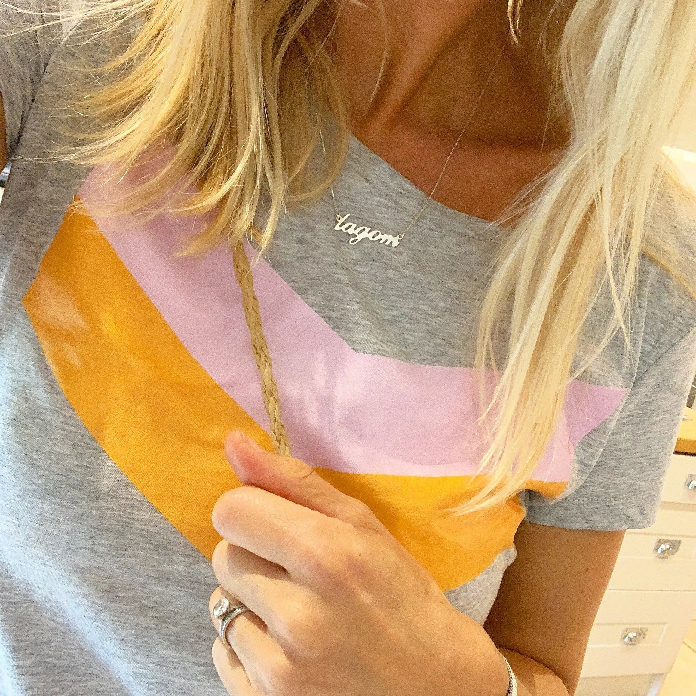 Pink & orange chevron on grey tee