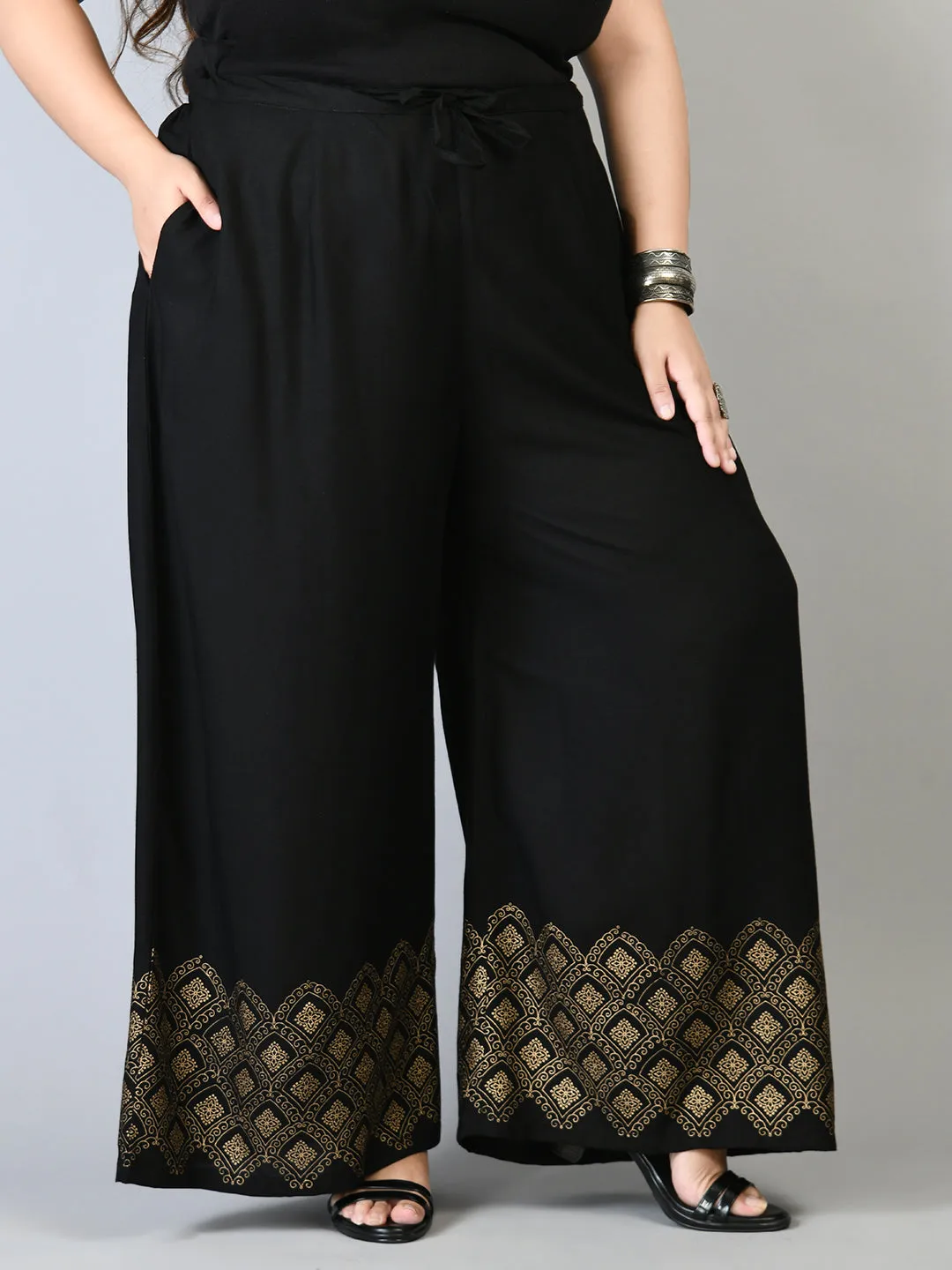 Plus Size Black Diamond Gold Printed Palazzos