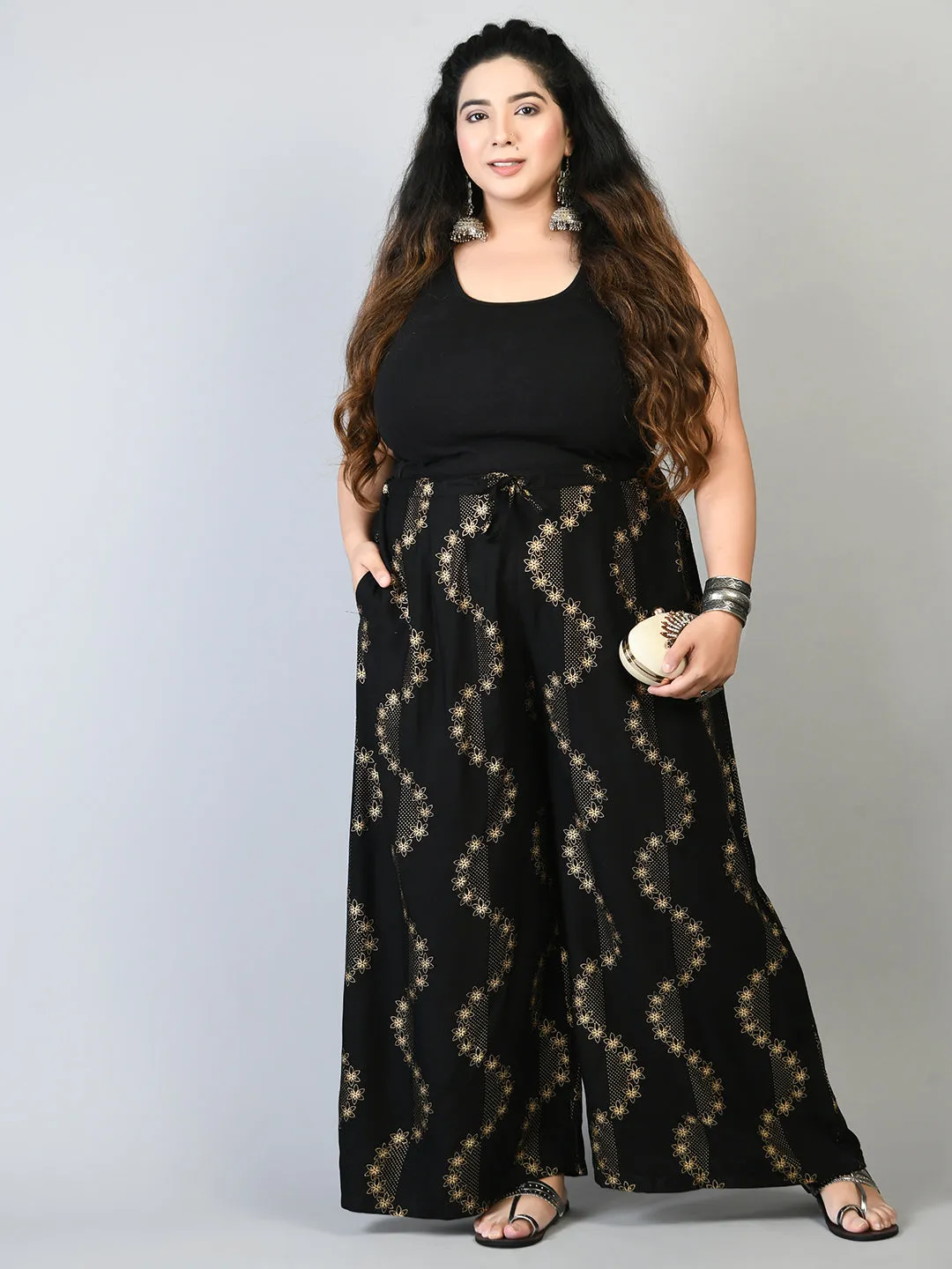 Plus Size Plus Size Black Floral Gold Printed Palazzos