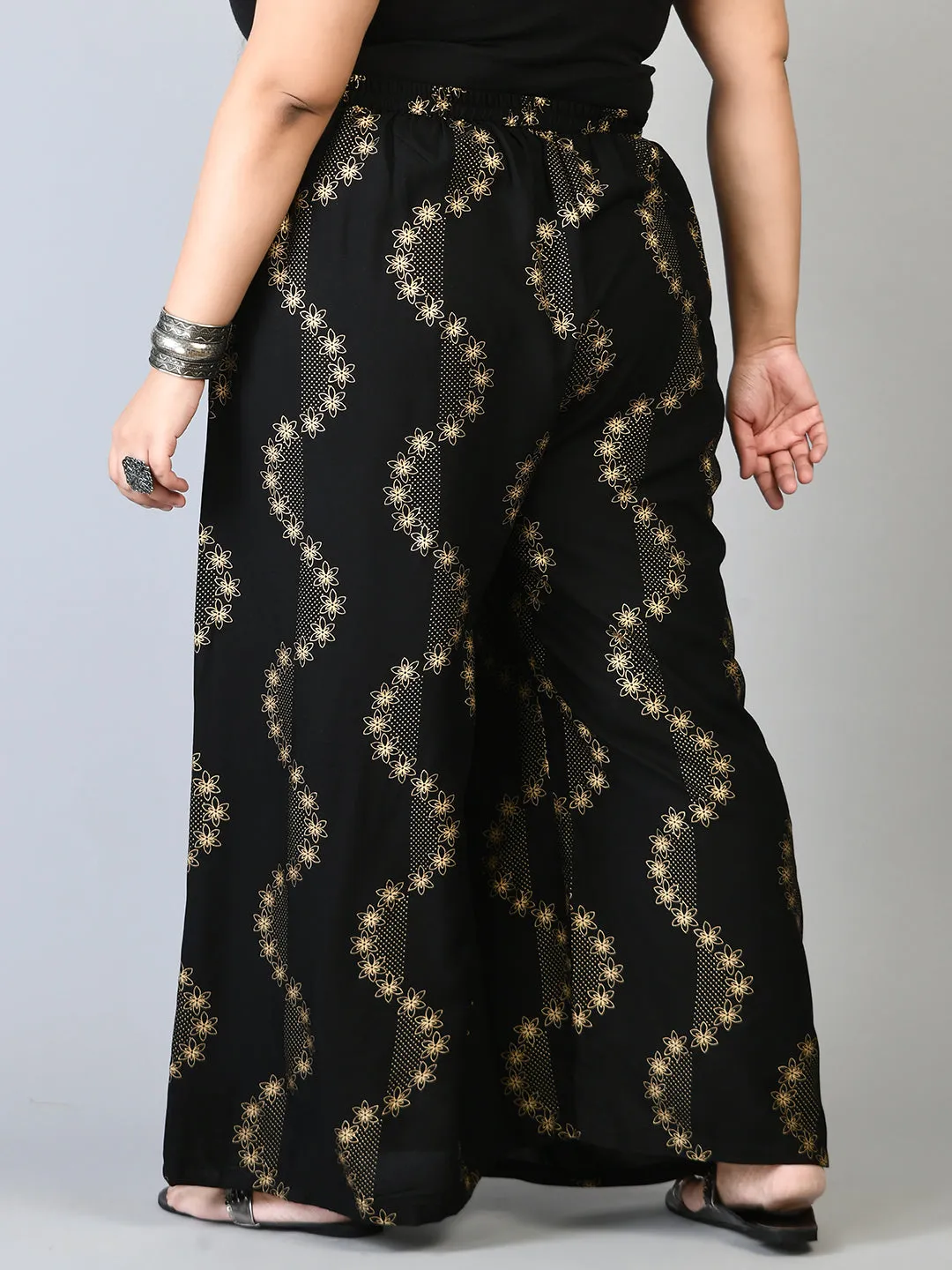 Plus Size Plus Size Black Floral Gold Printed Palazzos