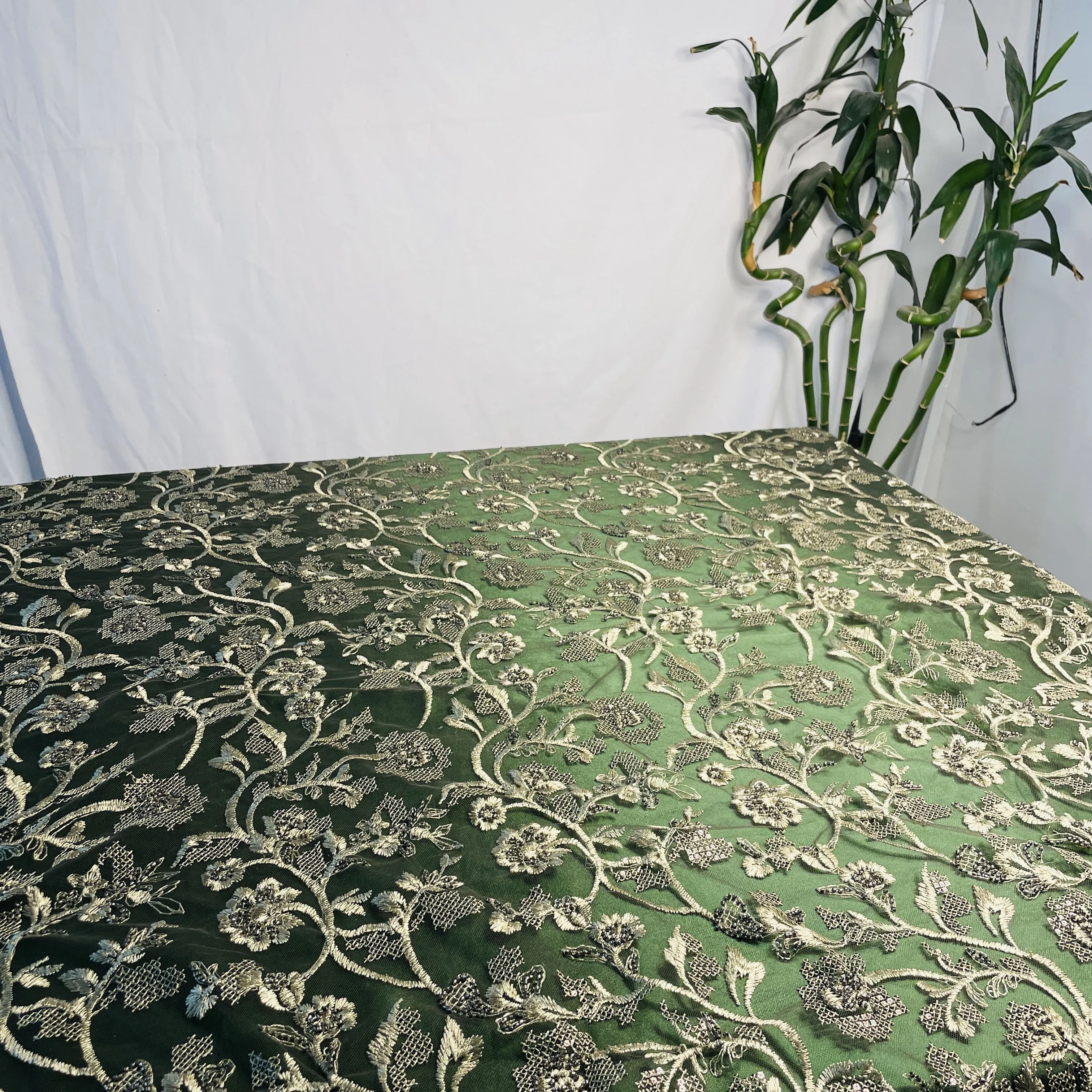 Premium Olive Green Heavy Thread Sequins Embroidery Net Fabric