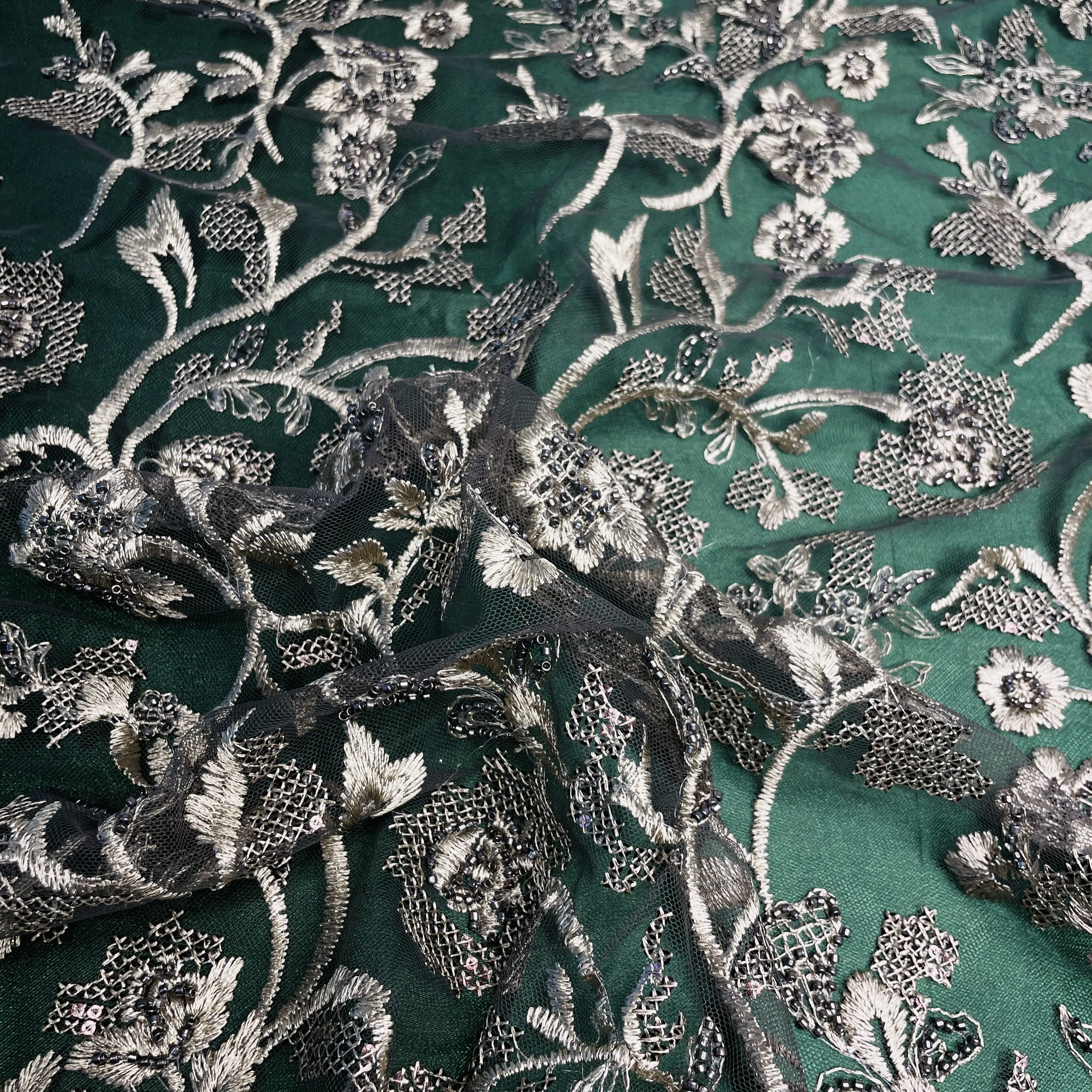 Premium Olive Green Heavy Thread Sequins Embroidery Net Fabric