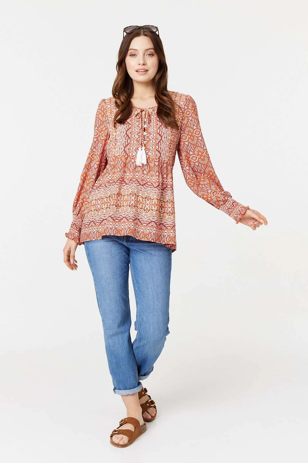 Printed Tassel Drawstring Blouse