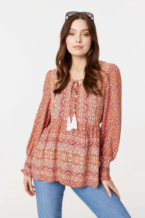 Printed Tassel Drawstring Blouse