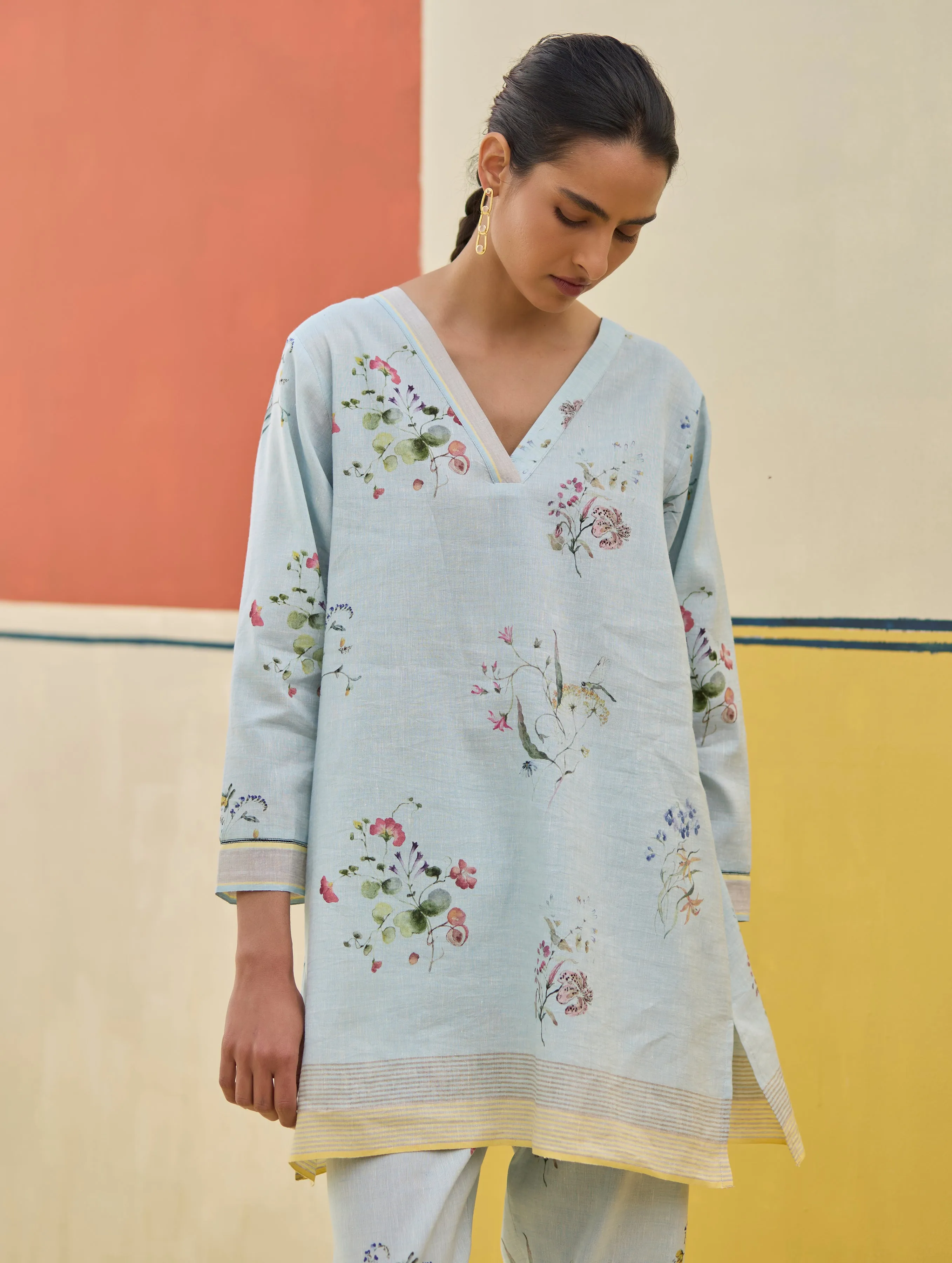 Raha Watercolour Floral Kurta Set - Sky