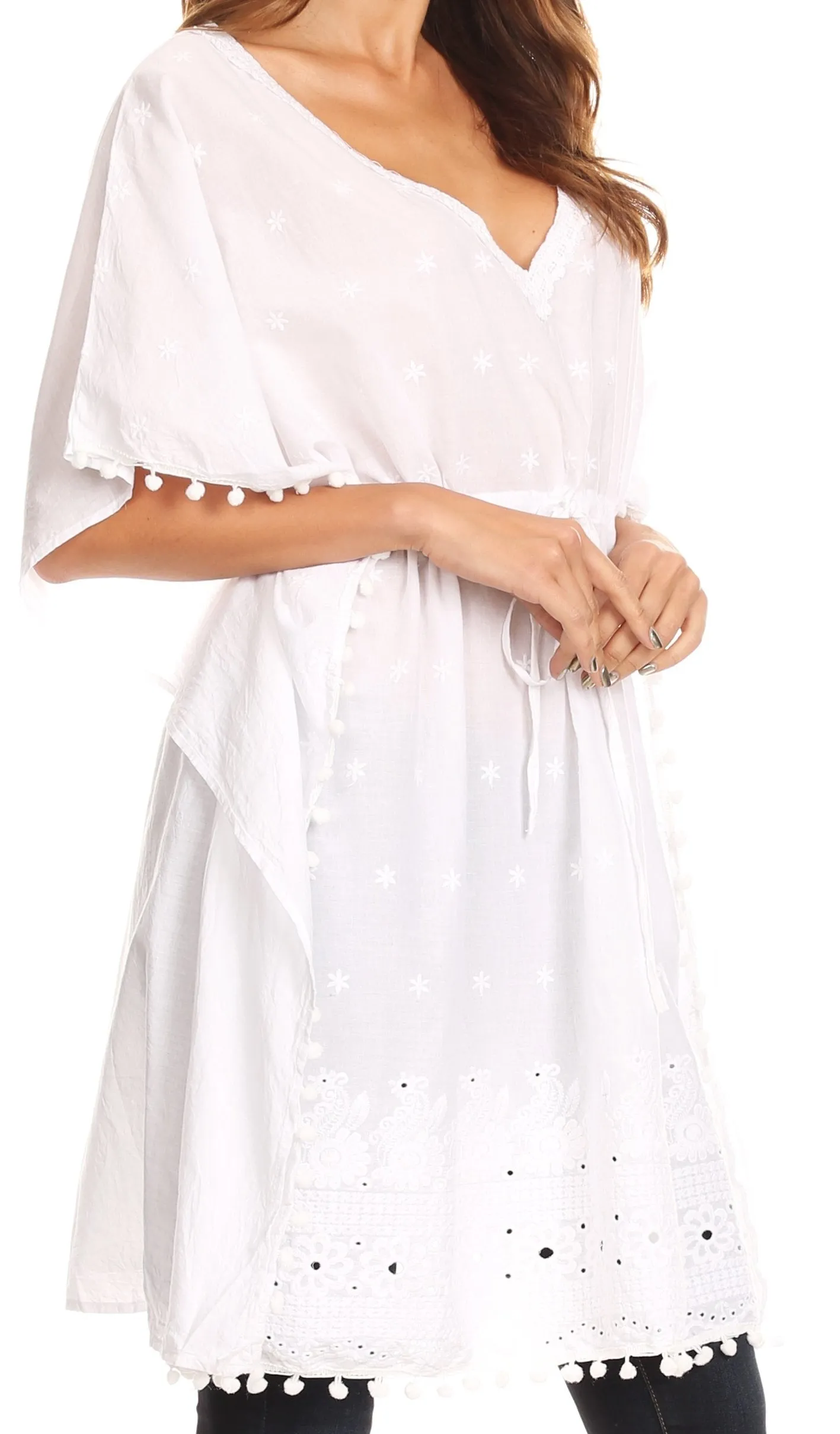 Sakkas Amelia Embroidered Eyelet V-Neck Caftan Cover Up with Drawstring Waist