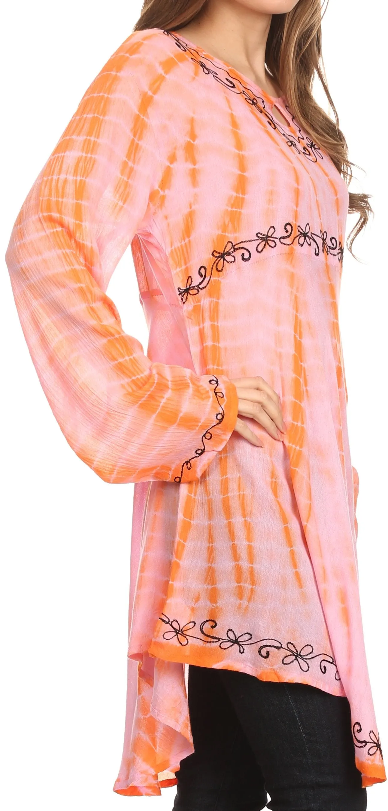 Sakkas Arissa Long Sleeved Tunic Blouse Embroidered Tie Dye Circle Dress / Cover Up