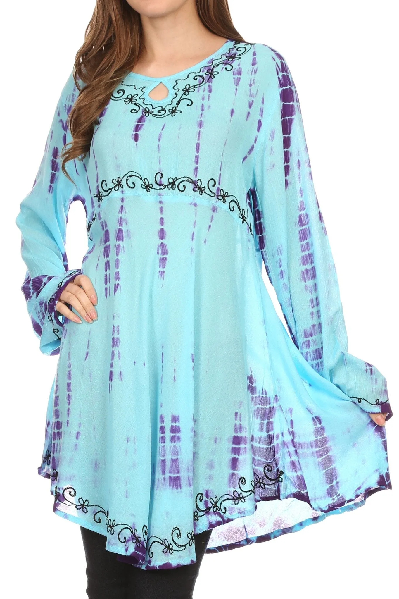 Sakkas Arissa Long Sleeved Tunic Blouse Embroidered Tie Dye Circle Dress / Cover Up