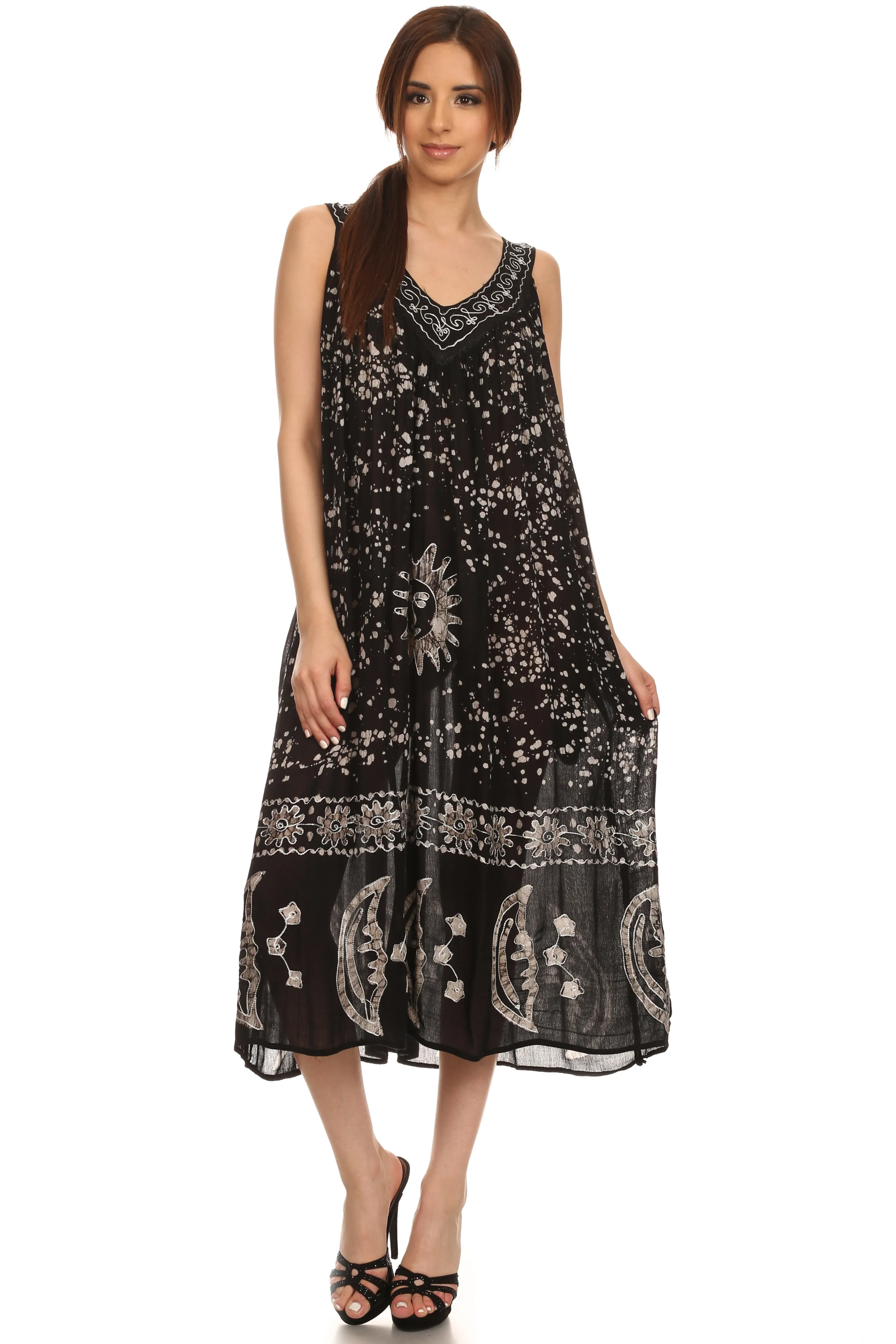 Sakkas Jaelyn Embroidered Tank Top Split Neck Broomstick Dress / Cover Up