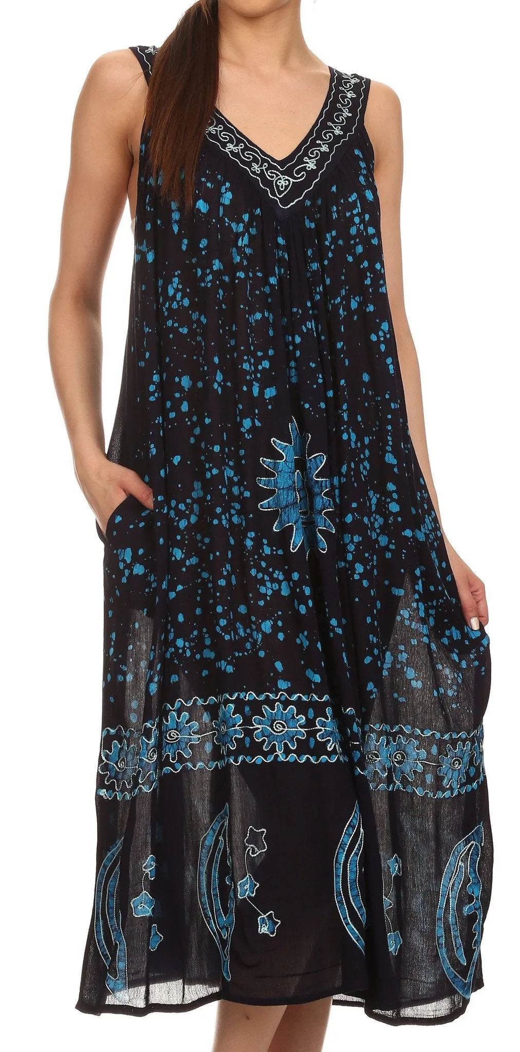 Sakkas Jaelyn Embroidered Tank Top Split Neck Broomstick Dress / Cover Up