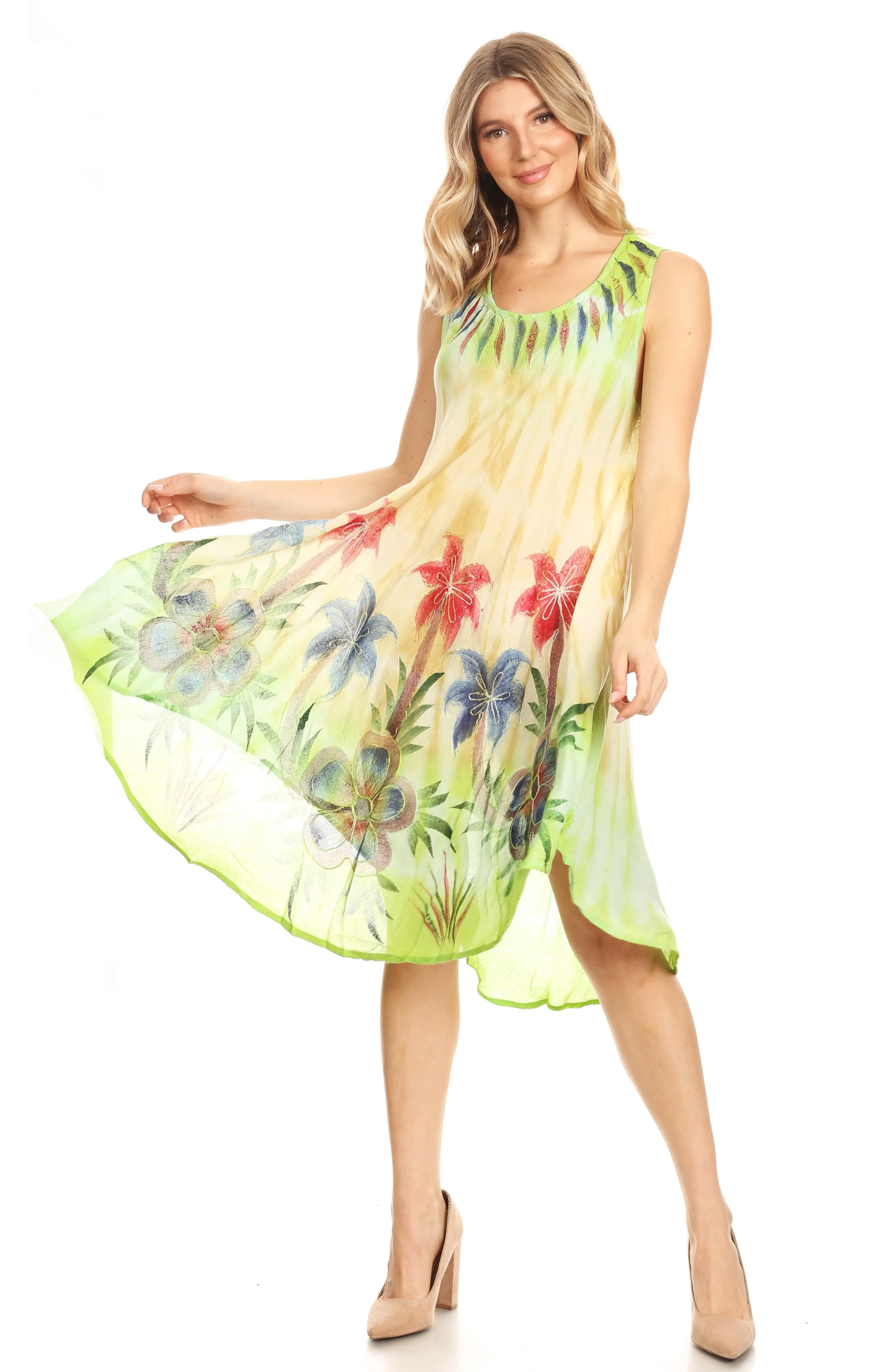 Sakkas Jimena Women's Tie Dye Sleeveless Caftan Dress Sundress Flare Floral Print