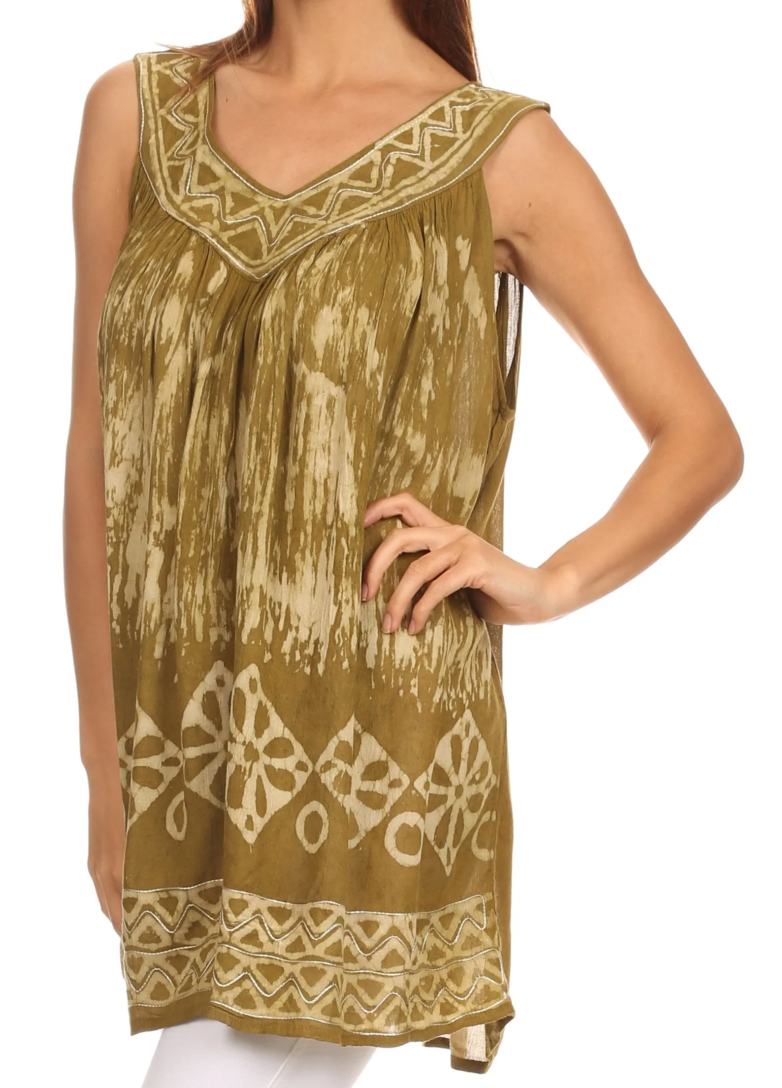 Sakkas Wanda May Embroidered Batik Scoop Neck Relaxed Fit Sleeveless Blouse