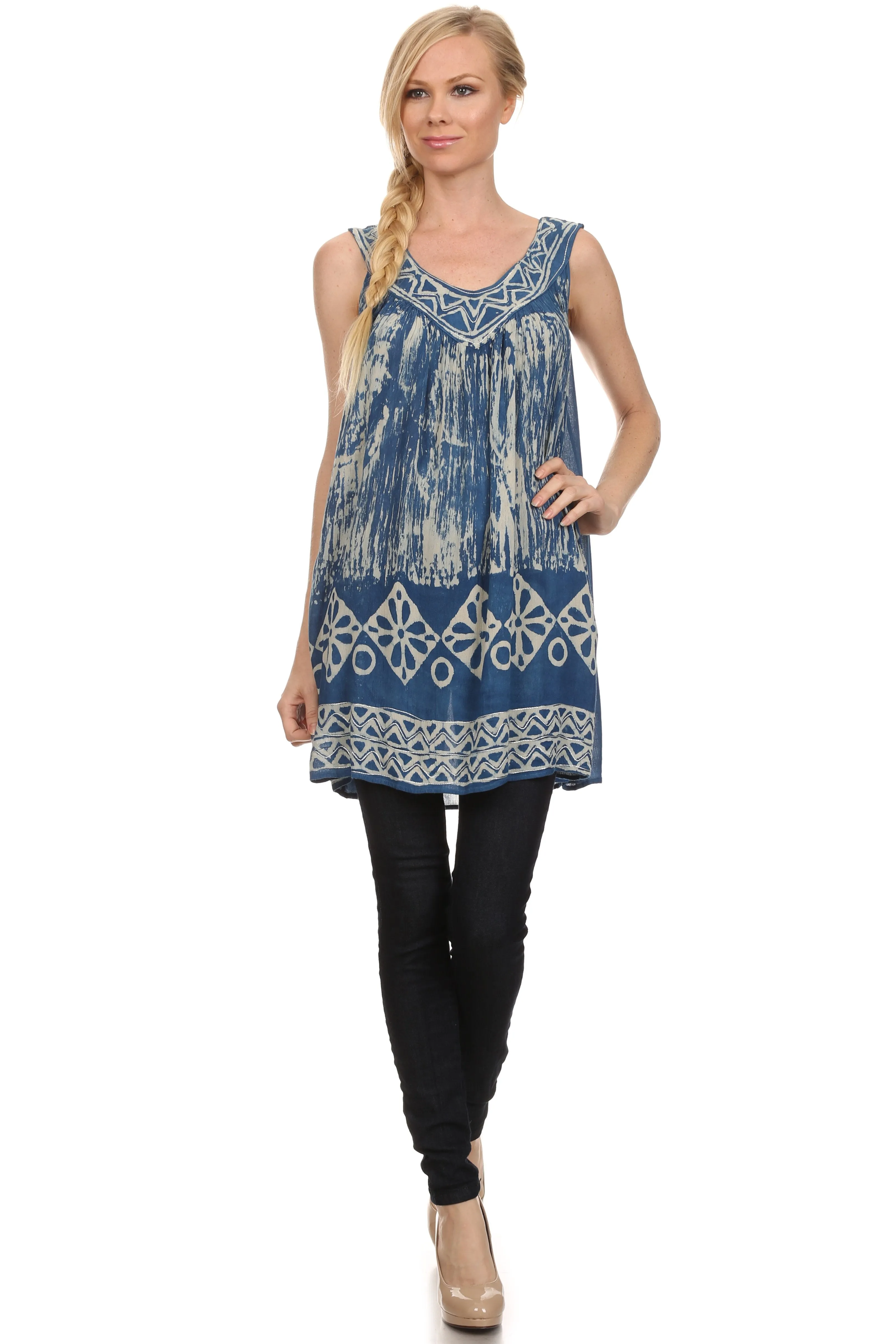 Sakkas Wanda May Embroidered Batik Scoop Neck Relaxed Fit Sleeveless Blouse