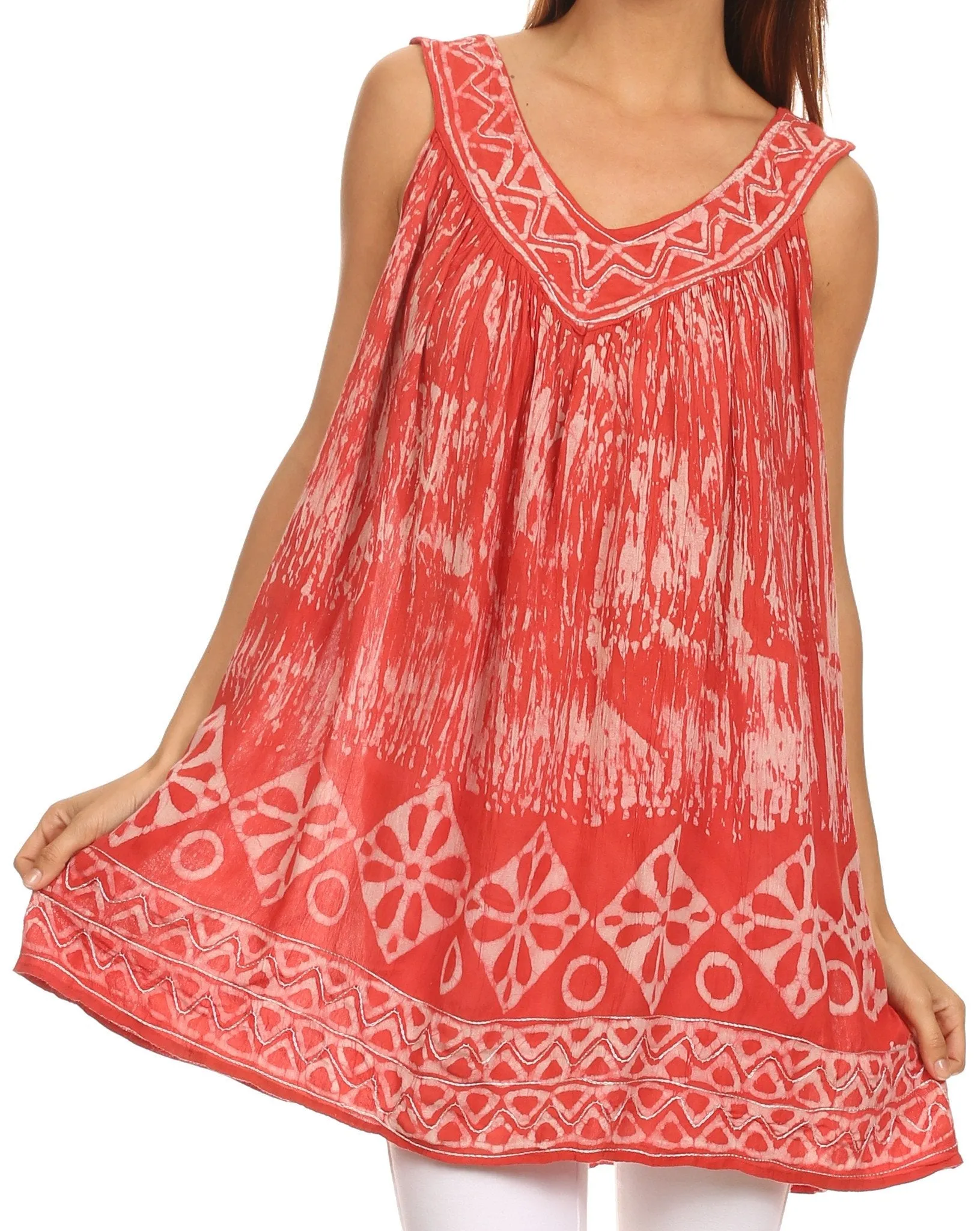 Sakkas Wanda May Embroidered Batik Scoop Neck Relaxed Fit Sleeveless Blouse