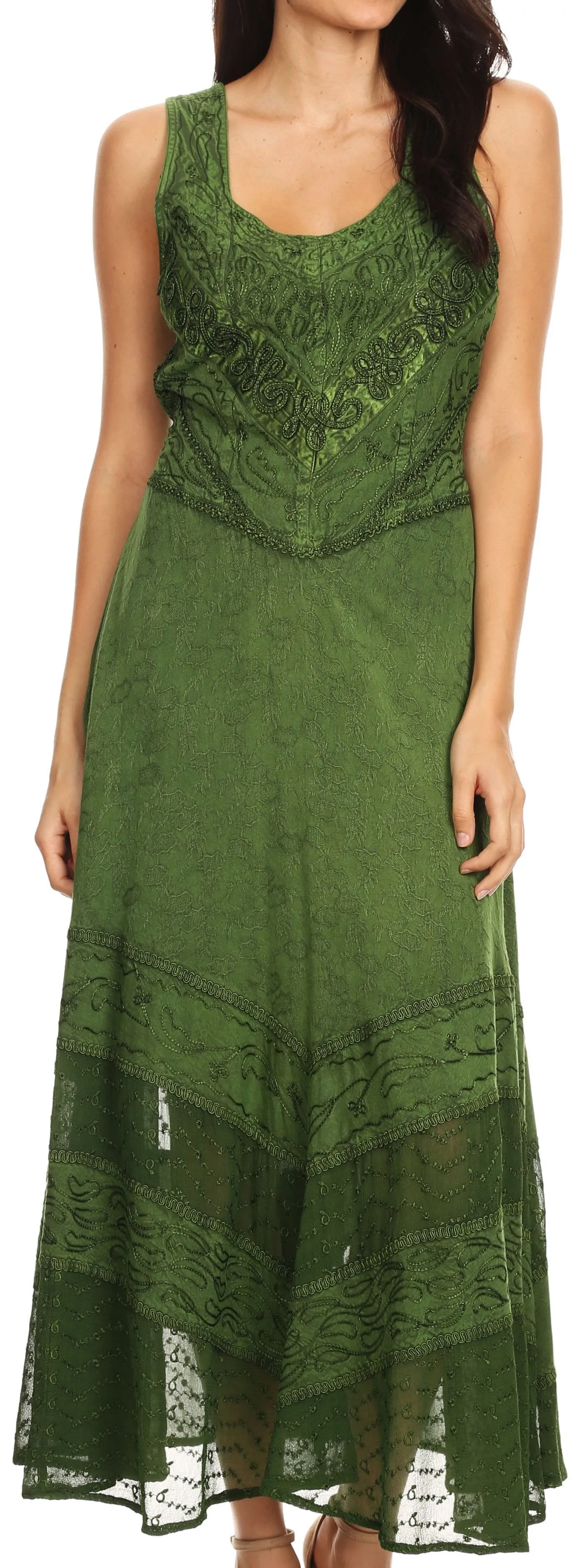 Sakkas Zendaya Stonewashed Rayon Embroidered Floral Vine Sleeveless V-neck Dress