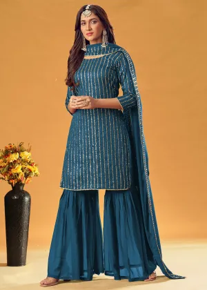 Sapphire Blue Embroidered Indian Designer Gharara Suit