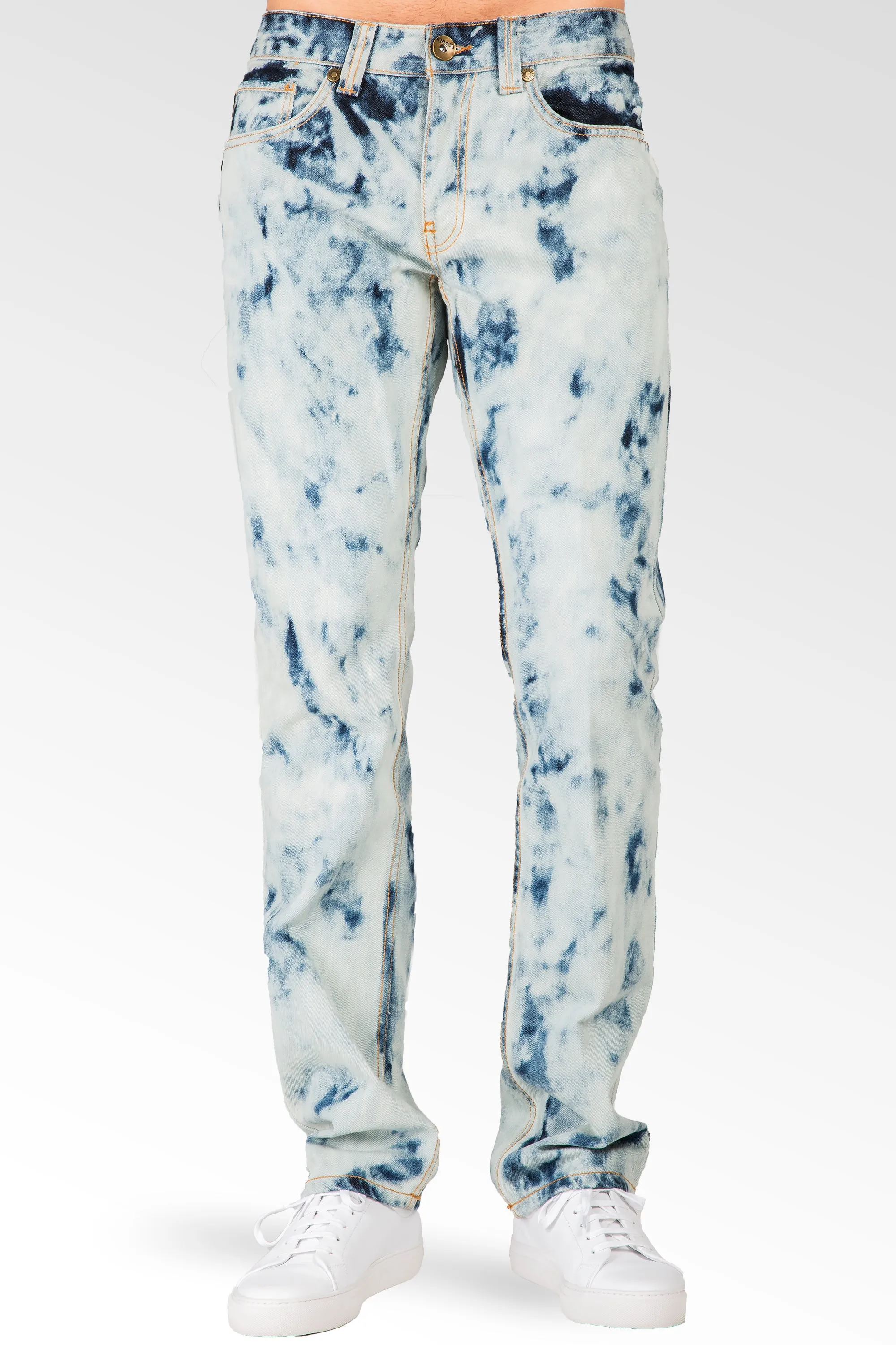 Slim Straight Abstract Bleached Wash Premium Denim Signature 5 Pocket Jeans