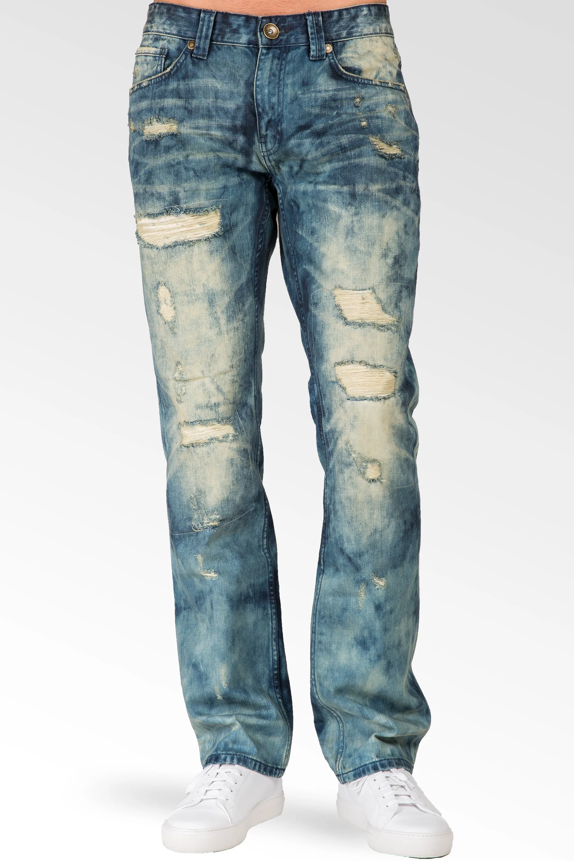 Slim Straight Khaki Tint Destroyed & Mended Premium Denim Signature 5 Pocket Jeans