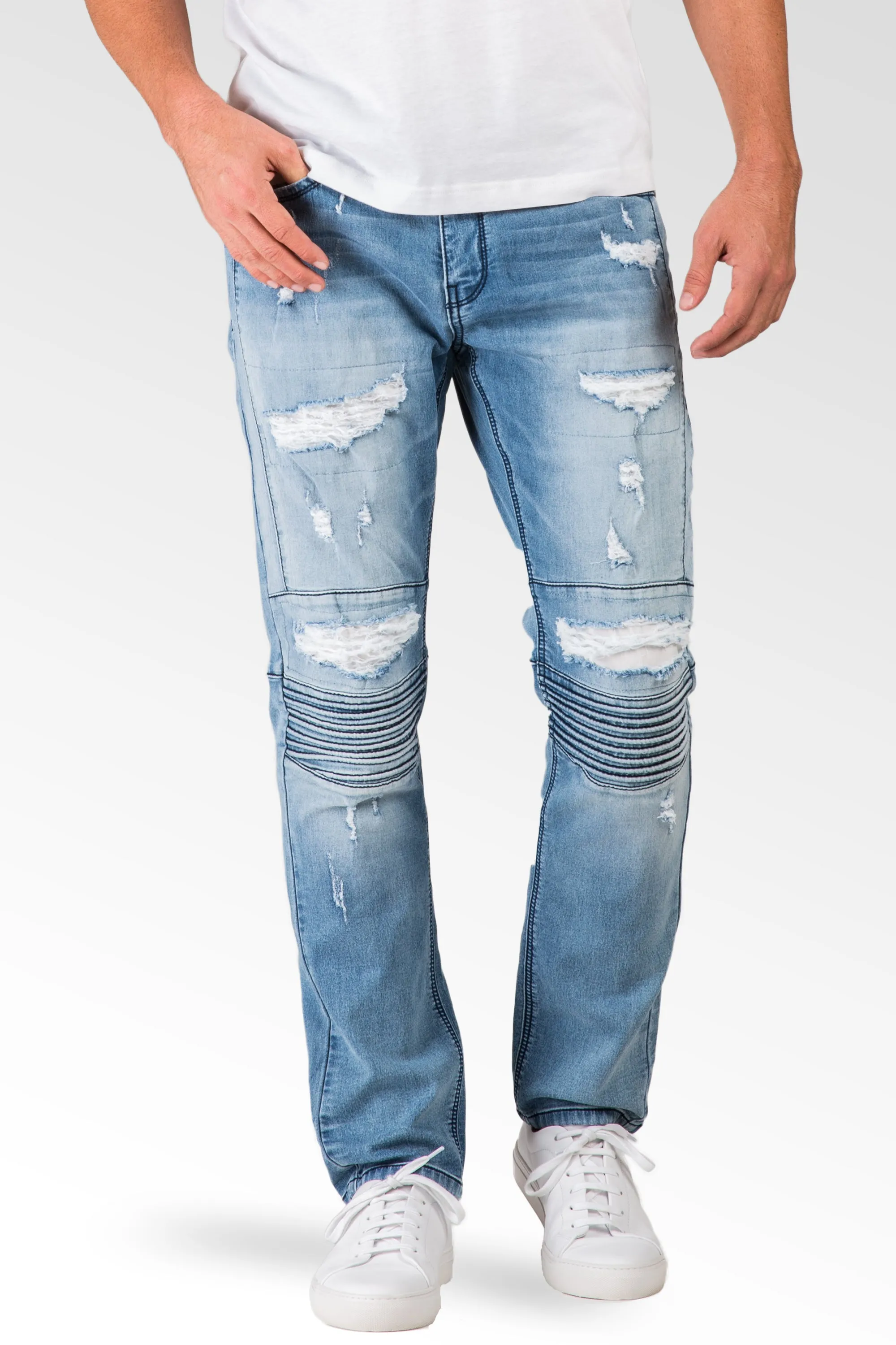 Slim Tapered Leg Premium Knit Denim Bleached Blue Moto Jeans Distressed & Mended