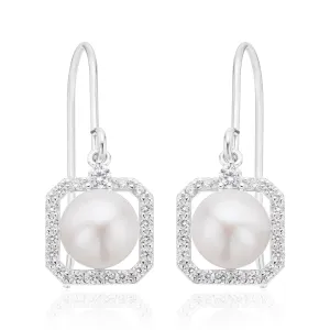 Sterling Silver 7-7.5 mm Pearl Cubic Zirconia Drop Earrings