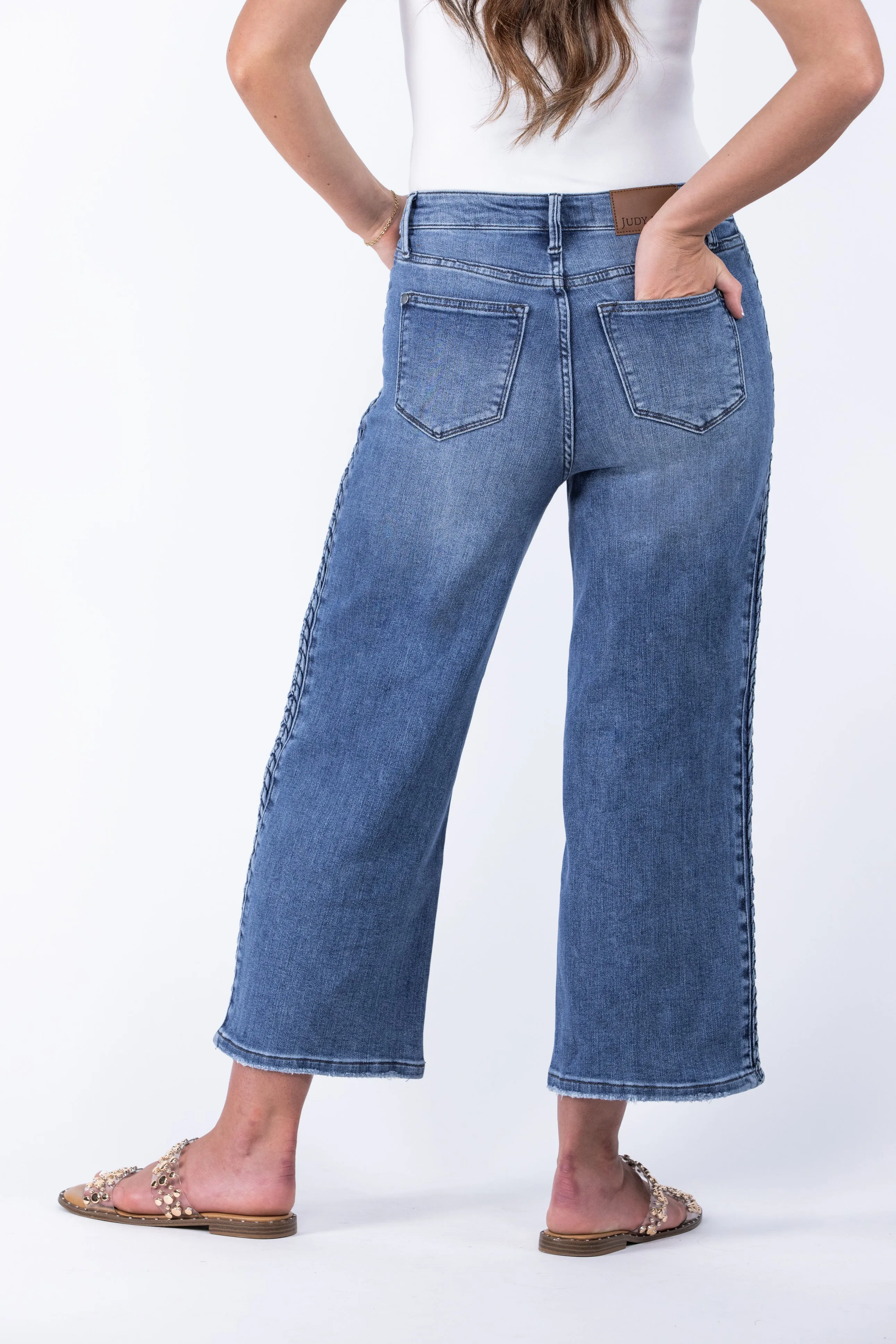 The Aurora from Judy Blue: High-Rise Braid SS Detail Crop Wide Leg Denim