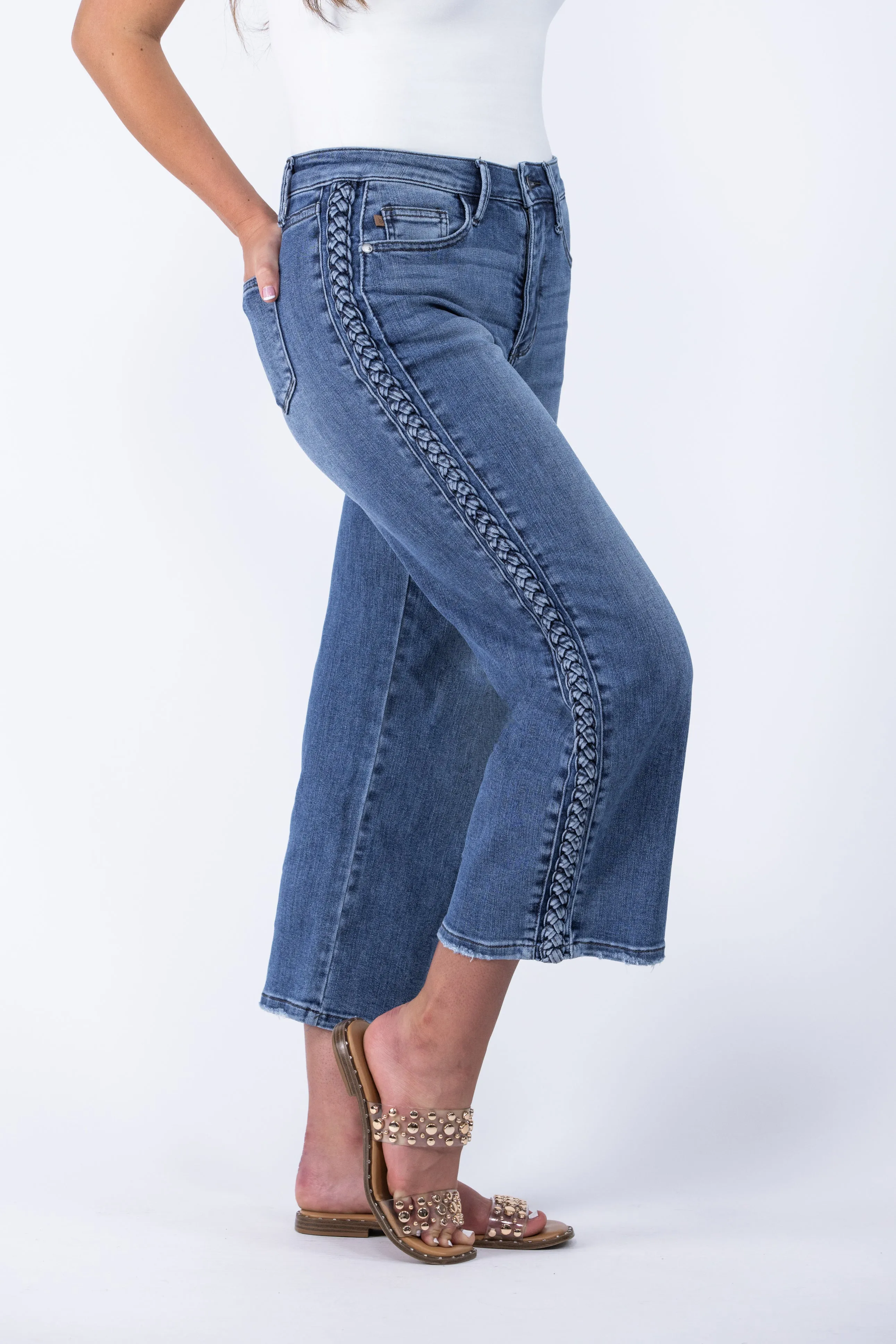 The Aurora from Judy Blue: High-Rise Braid SS Detail Crop Wide Leg Denim