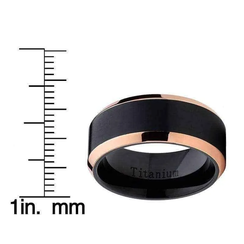 Titanium rings Oliveti Black Titanium and Rose Gold Men's Brushed Comfort Fit Band