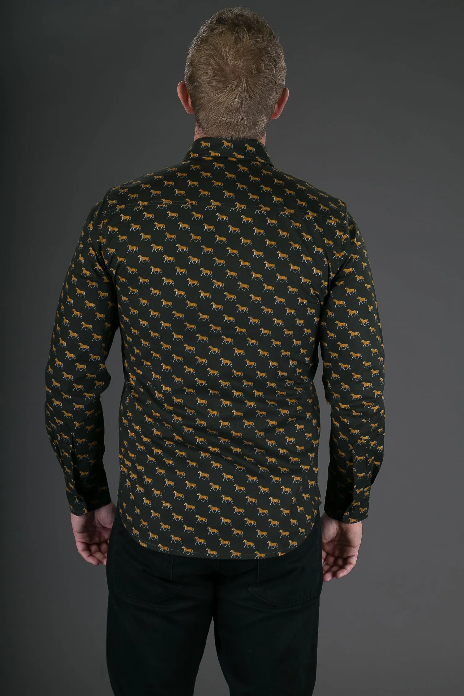 Yellow Horses Green Print Cotton Slim Fit Mens Shirt Long Sleeve