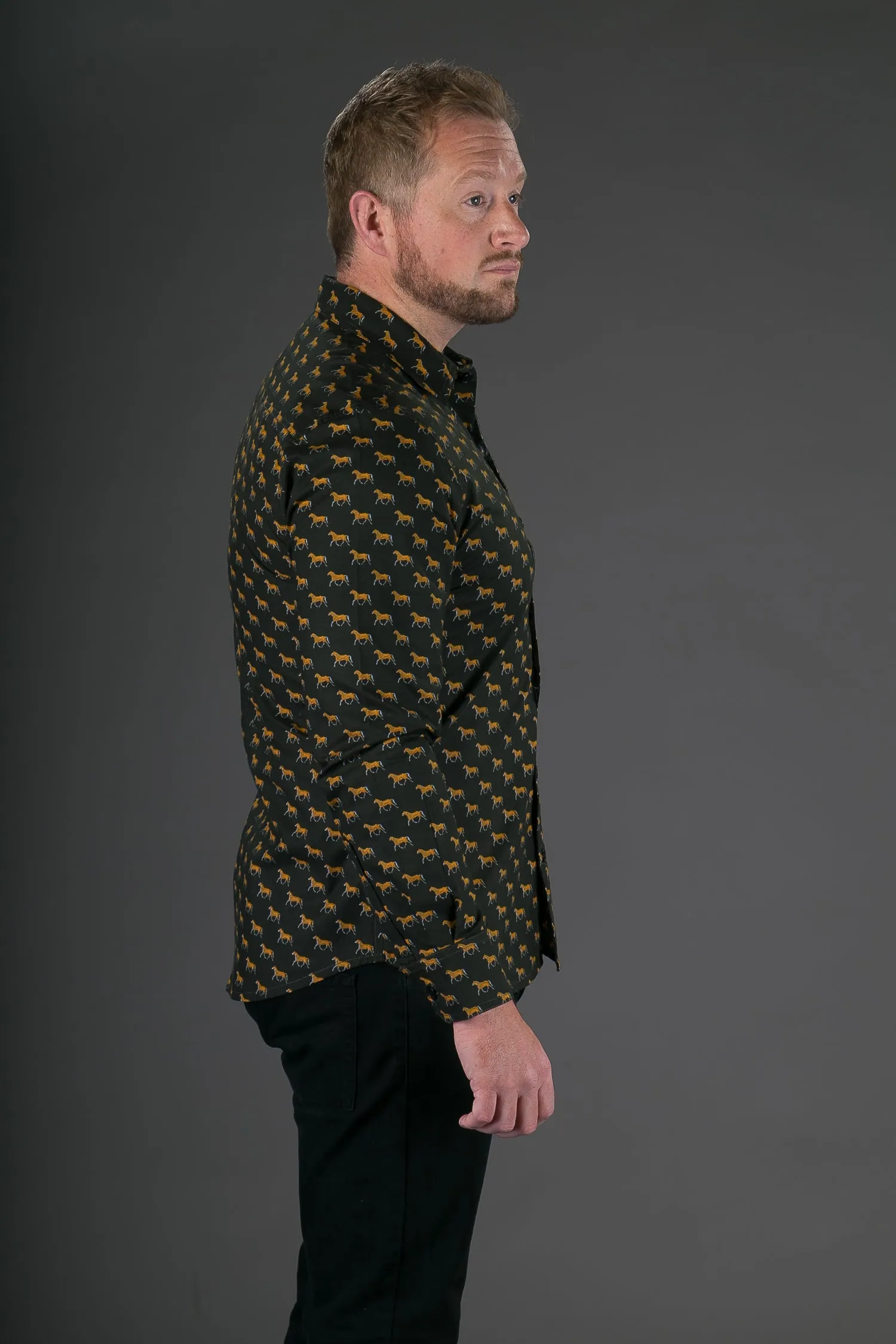 Yellow Horses Green Print Cotton Slim Fit Mens Shirt Long Sleeve